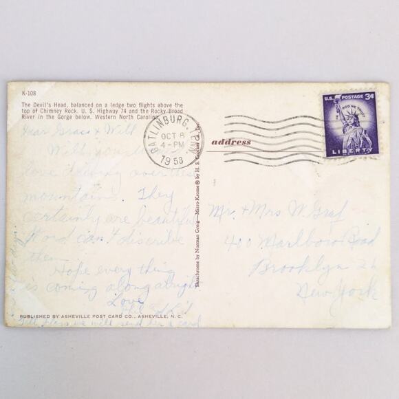 Vintage Postcard 1958 Devil's Head Chimney Rock Western North Carolina - Picture 2 of 2